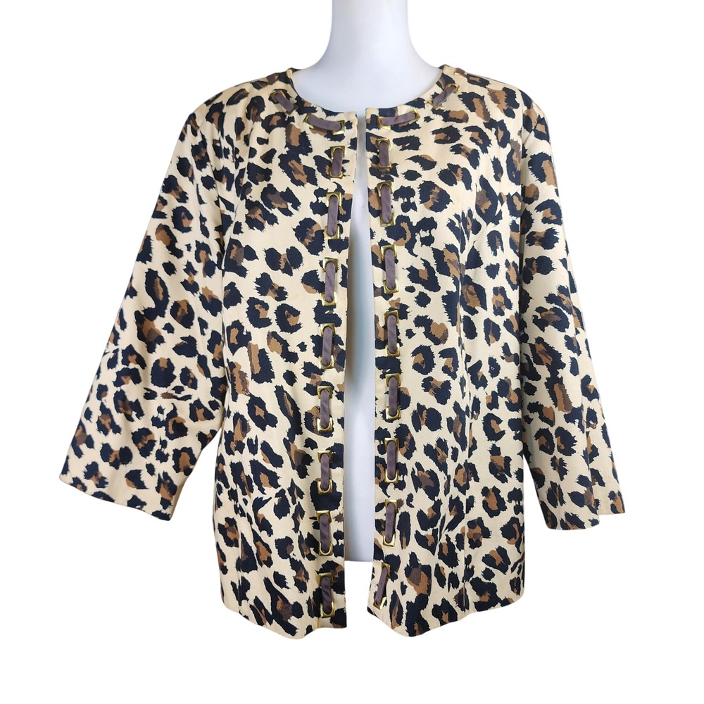 Carole Little Cotton Open Front Jacket‎ Womens 1X Animal Brown Tan Casual Office